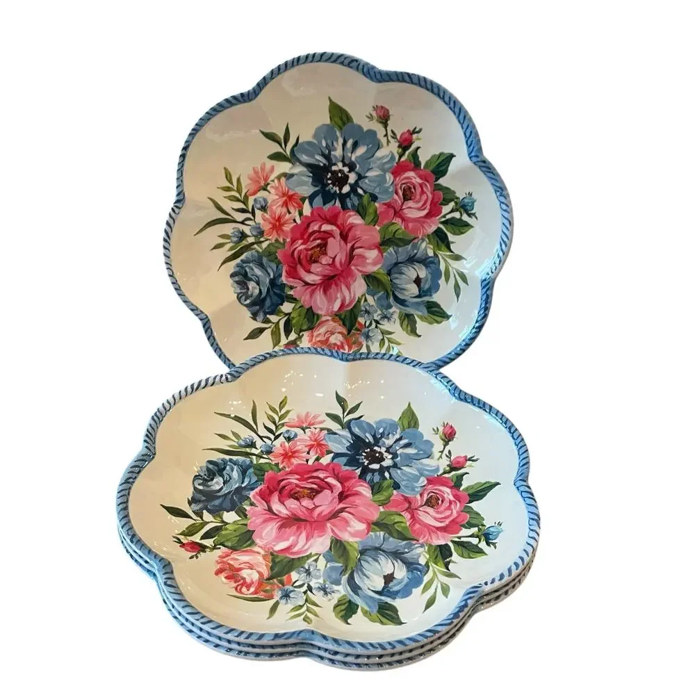 NEW Shabby Chic Floral Melamine Salad Plates 9in Set of 4 Scalloped Blue Border